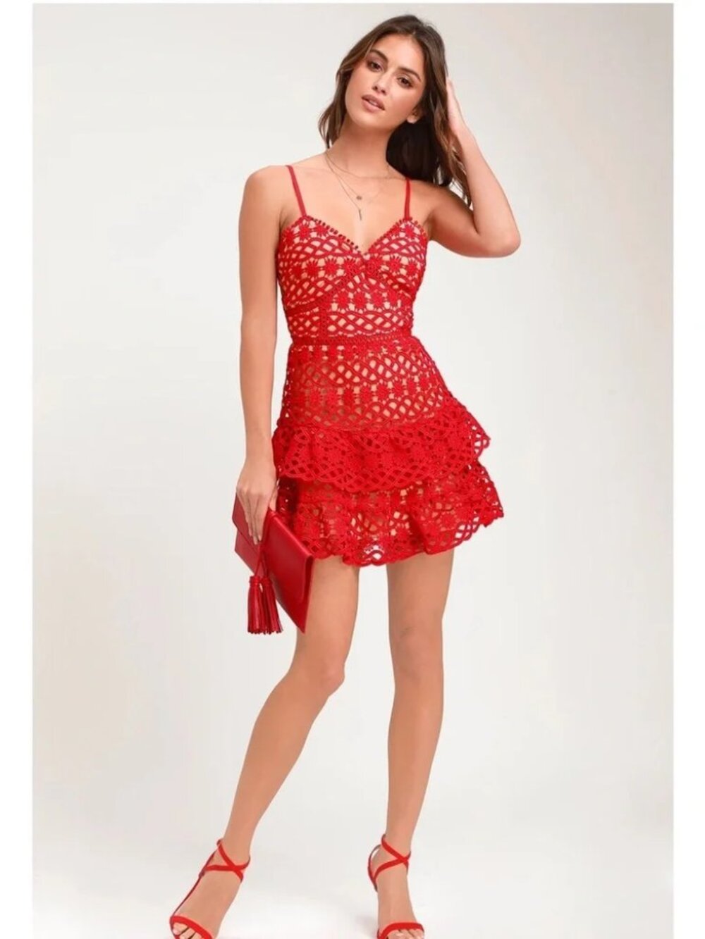 Lulus Beauty and Lace Red Crochet Tiered Mini Dress Size Medium Special Occasion